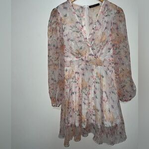 Double Crazy Women Multi Flowers Pink Tulle Mesh Deep V Neck Mini Dress Size S